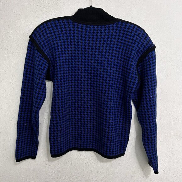 Morgan Taylor VTG 80s Houndstooth Sweater 100% Wool Size M Blue Black Mockneck - Picture 6 of 12